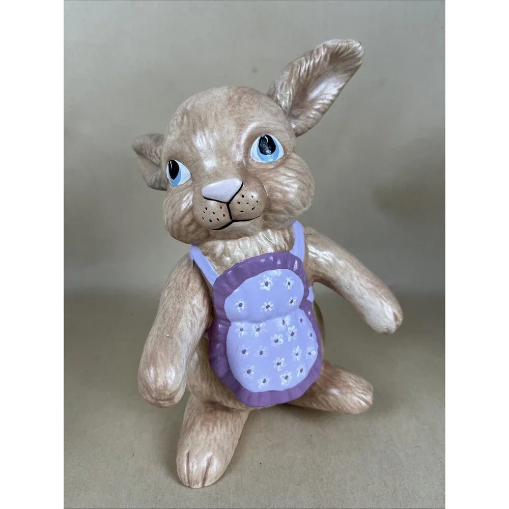 VTG Signed DAG 92 Ceramic Hand Painted Easter Bunny w/a‎ Purple Apron Rabbit 8”